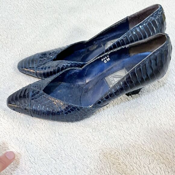 Vtg J Renee Womens Navy Blue Pump Heels 6M Snakeskin Stiletto Pointed Toe 90s - Picture 2 of 14